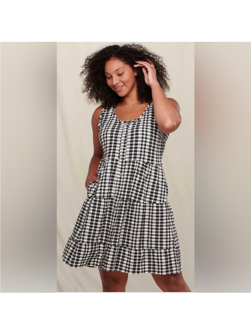 Toad&Co Manzana Tiered Sleeveless Dress black and white gingham check sz medium
